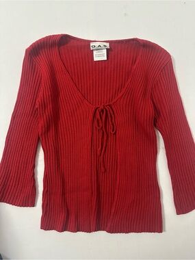 Women's Red Ribbed V-Neck Tie-Front Sweater